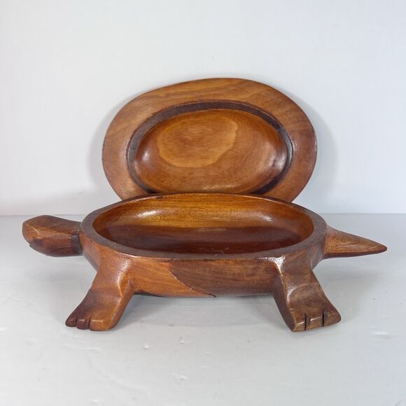 Turtle Trinket Box Hand Carved Wooden Folk Art Coastal vintage Decor - Picture 2 of 11